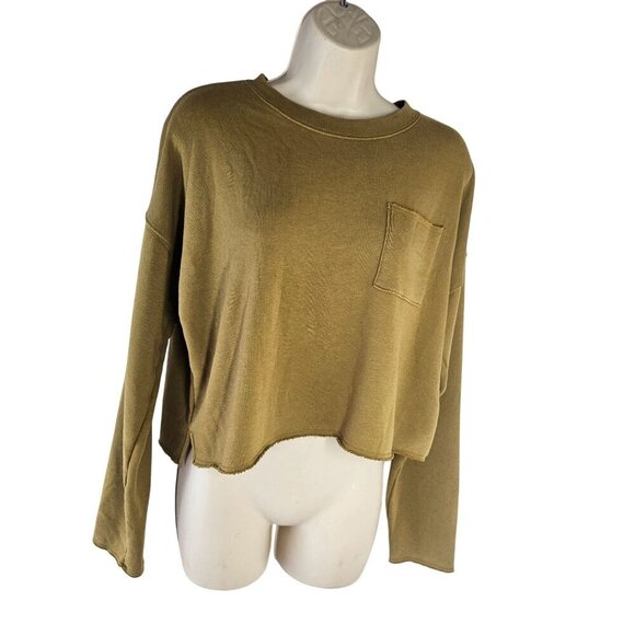 Aerie Cropped Boatneck Sweatshirt Womens Size M Olive Cotton Blnd Raw Hem - Picture 2 of 6